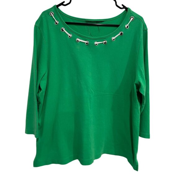 Green 3/4 Sleeve Top With Grommet  Lace Up Neckline Size XL - Picture 1 of 8